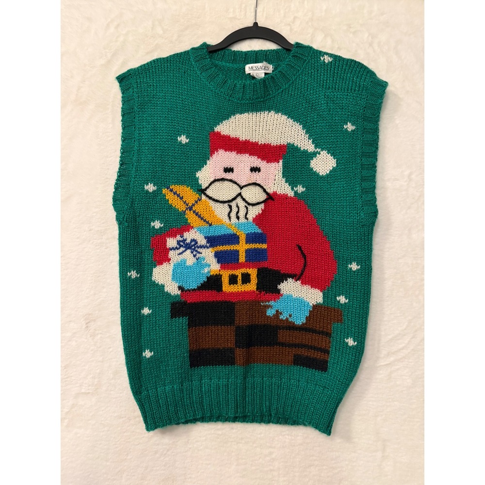 Messages Vintage Christmas Santa Chimney Sweater Vest Green Mens Large Knit Gift